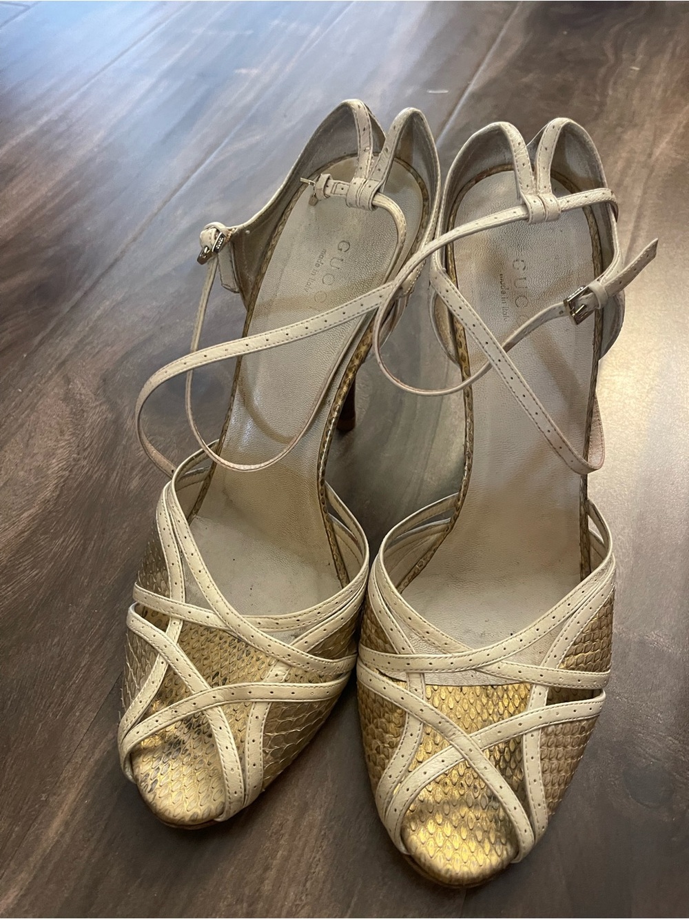 Gucci Gold and Cream Cross-Strap Heels